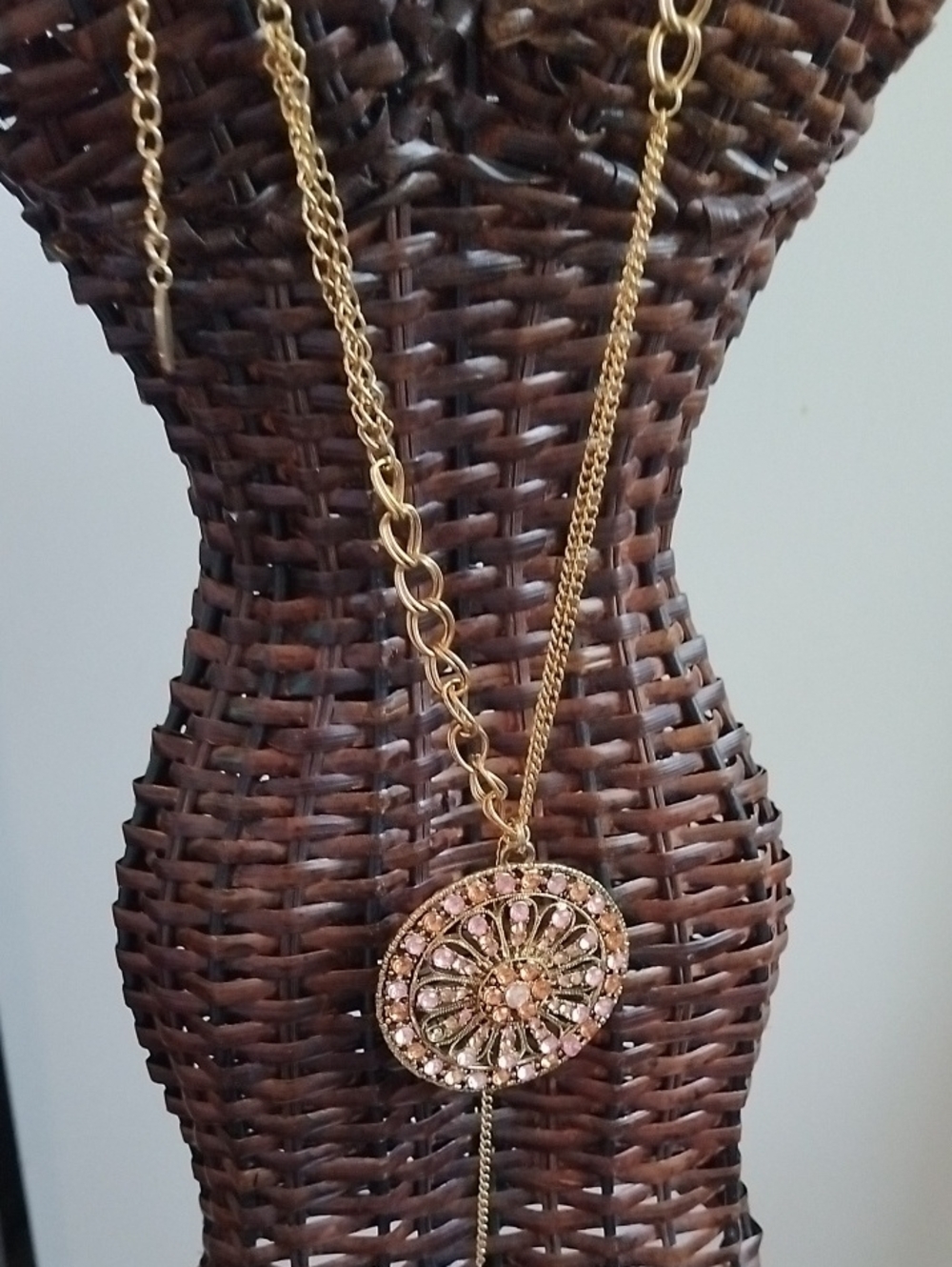 Gold-Tone Pink Crystal Medallion Pendant Necklace